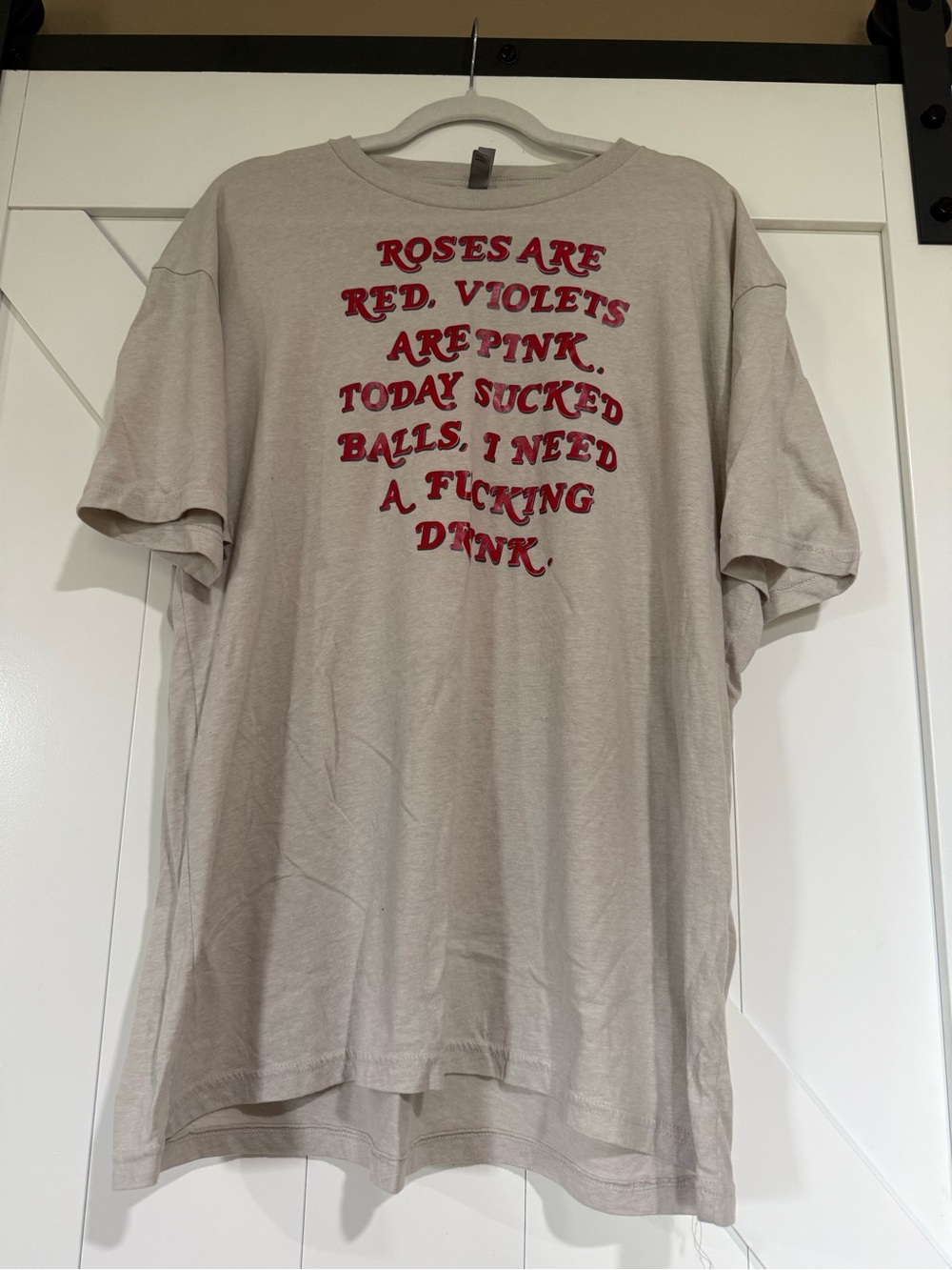 Next Level Apparel Beige Tee with Red Script Saying
